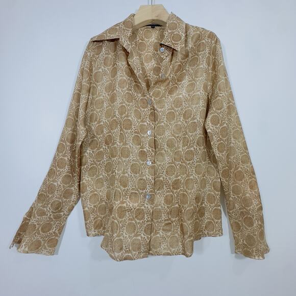 ZANELLA Platinum Silk Blouse Womens Gold Floral Print Button Down Shirt Italy 10 - Picture 7 of 7